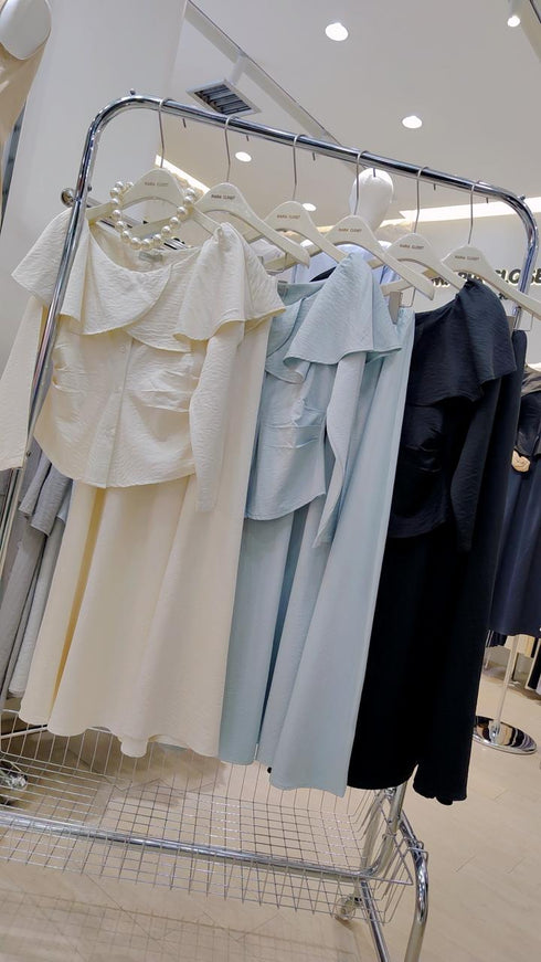 Wide Boat Neck Draped Tops With Skirts